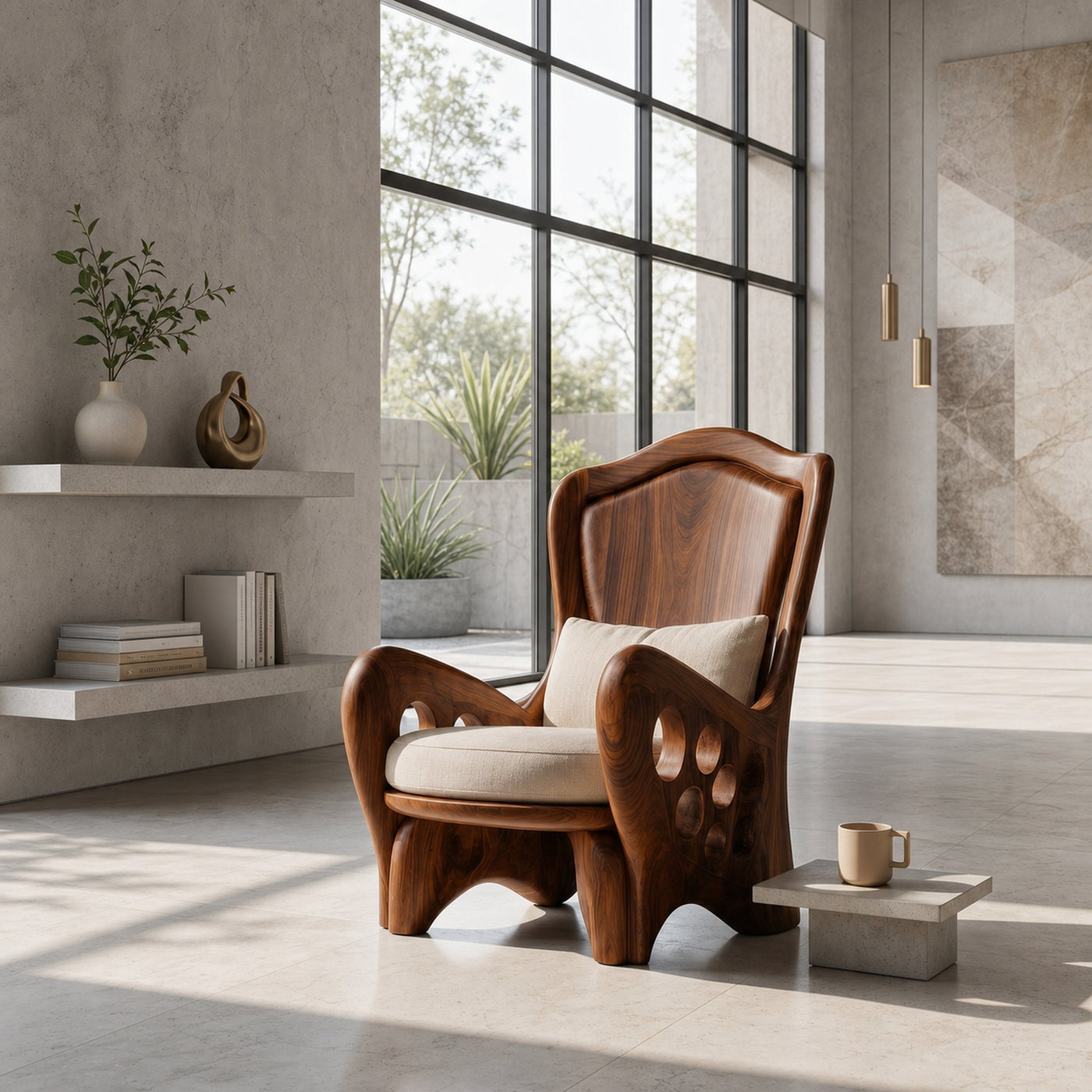 Organic Armchair With Sculptural Wood Frame For Living Room And Reading Nook - product view 6