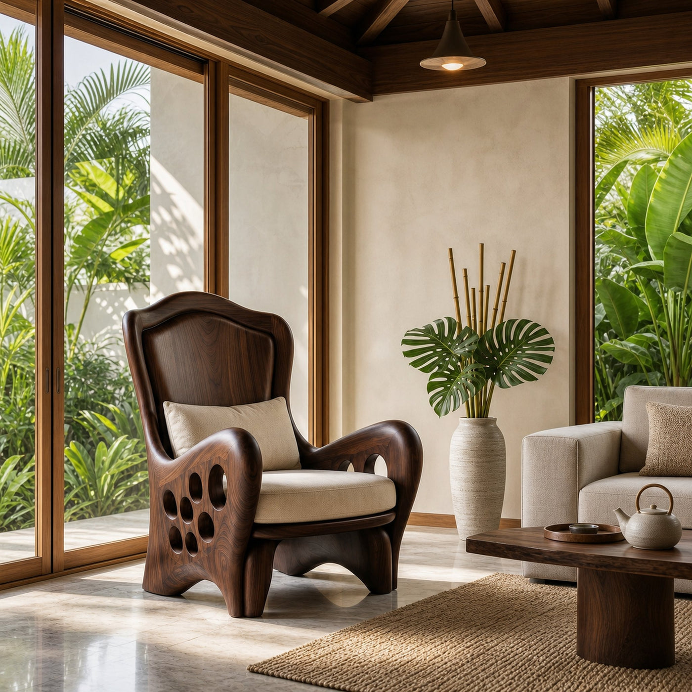 Organic Armchair With Sculptural Wood Frame For Living Room And Reading Nook - product view 7