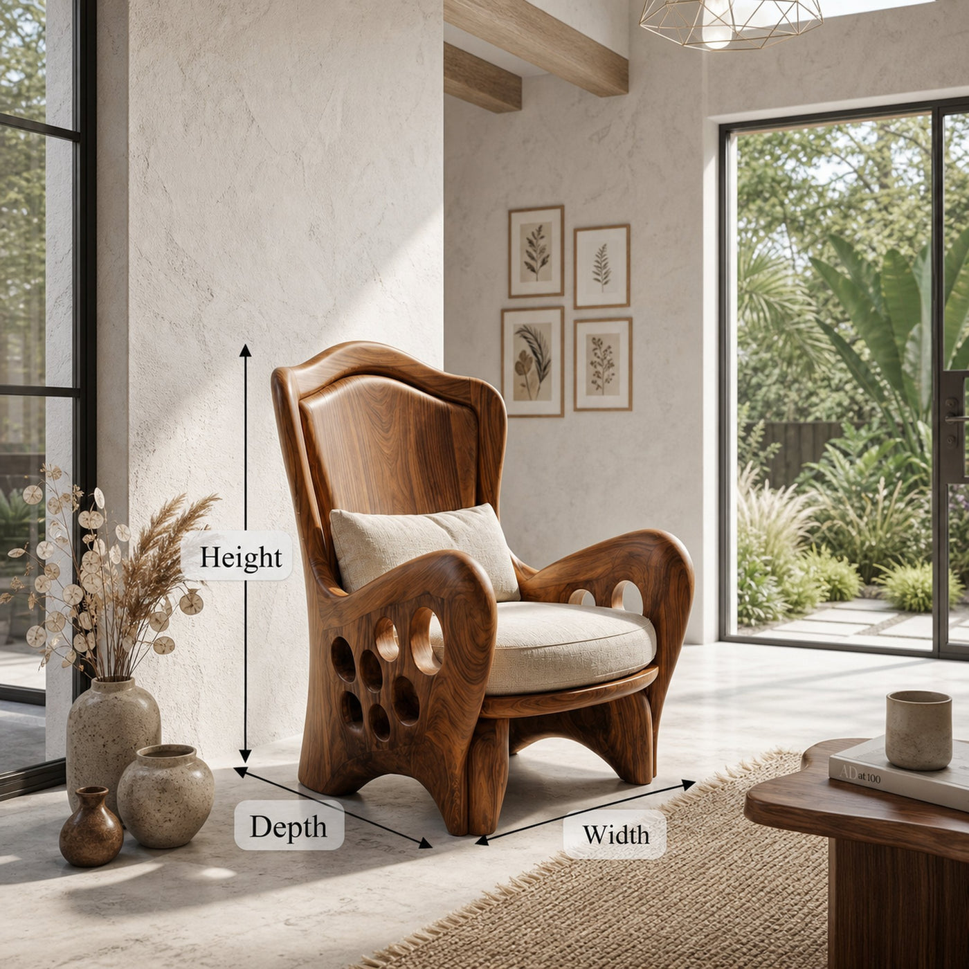 Organic Armchair With Sculptural Wood Frame For Living Room And Reading Nook - product view 8
