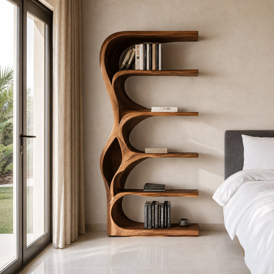 Organic Bookshelf With Curved Open Shelving For Bedroom Decor