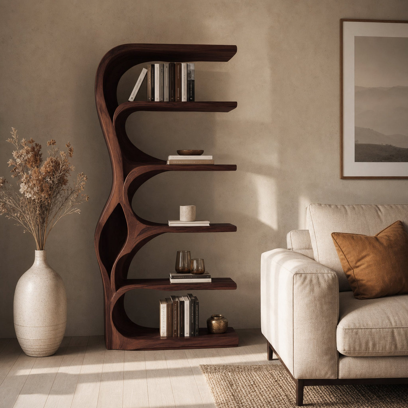 Organic Bookshelf With Curved Open Shelving For Bedroom Decor - product view 6