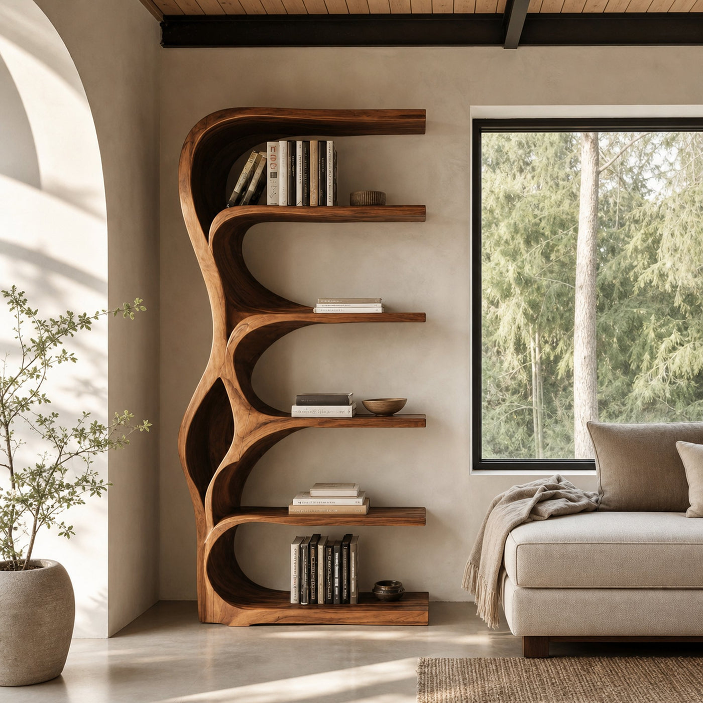 Organic Bookshelf With Curved Open Shelving For Bedroom Decor - product view 7