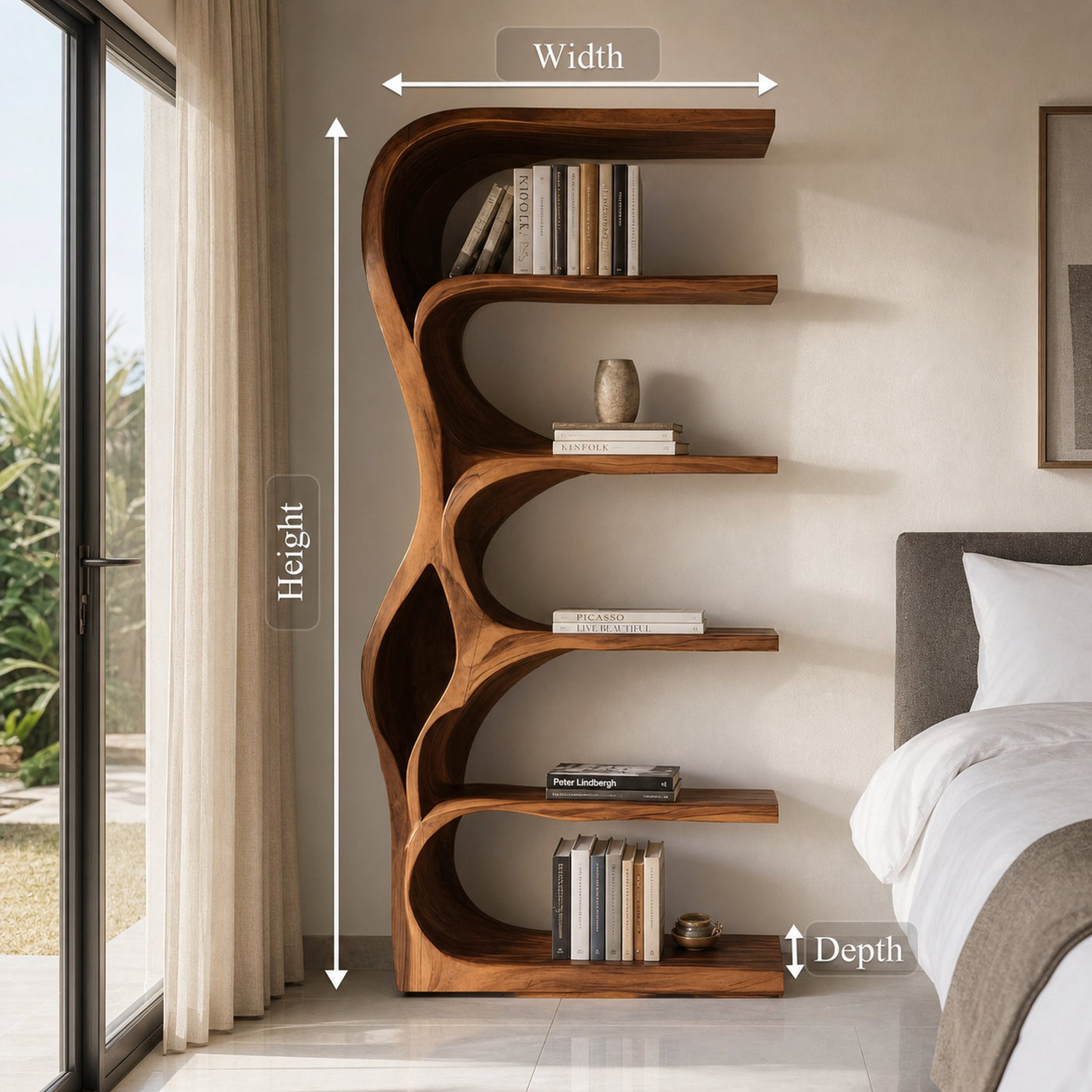 Organic Bookshelf With Curved Open Shelving For Bedroom Decor - product view 8