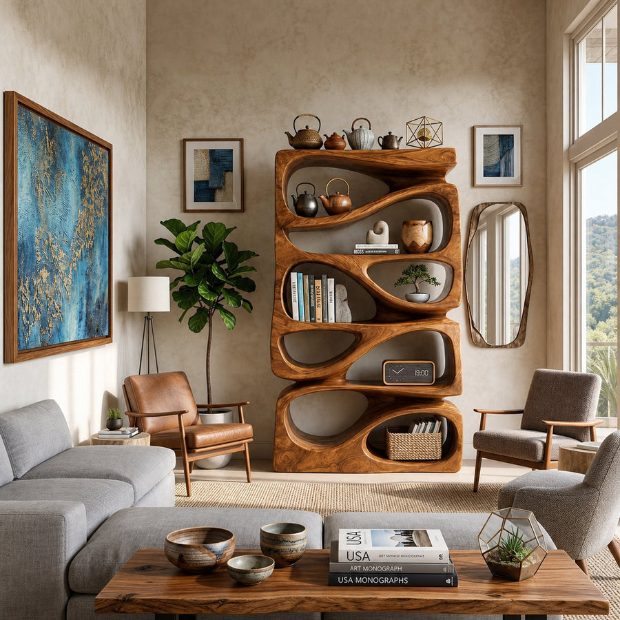 Organic Bookshelf With Display and Storage For Living Room