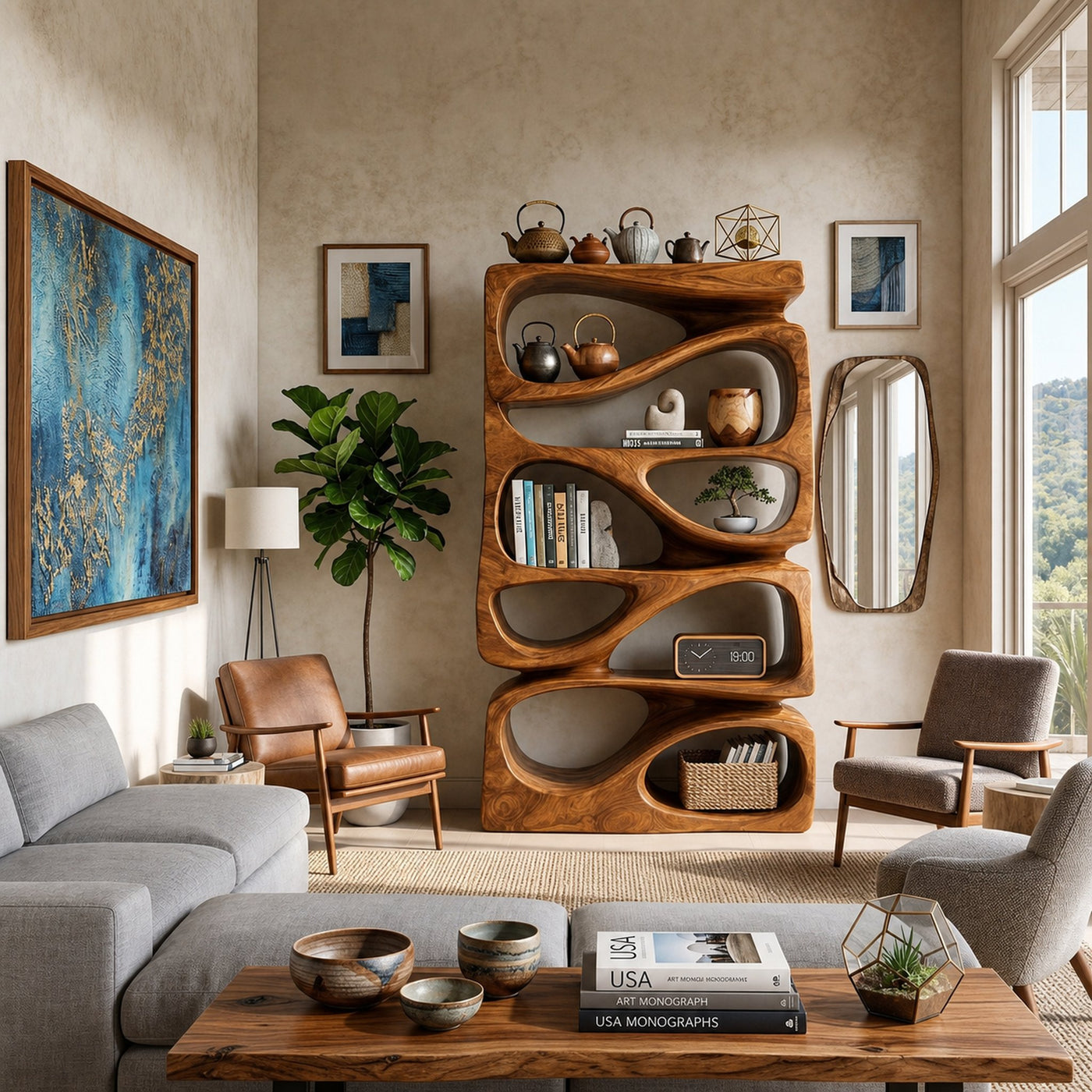 Organic Bookshelf With Display and Storage For Living Room