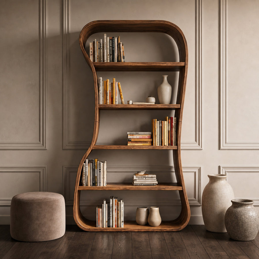 Organic Bookshelf With Sculptural Curved Solid Wood Shelves For Living Room
