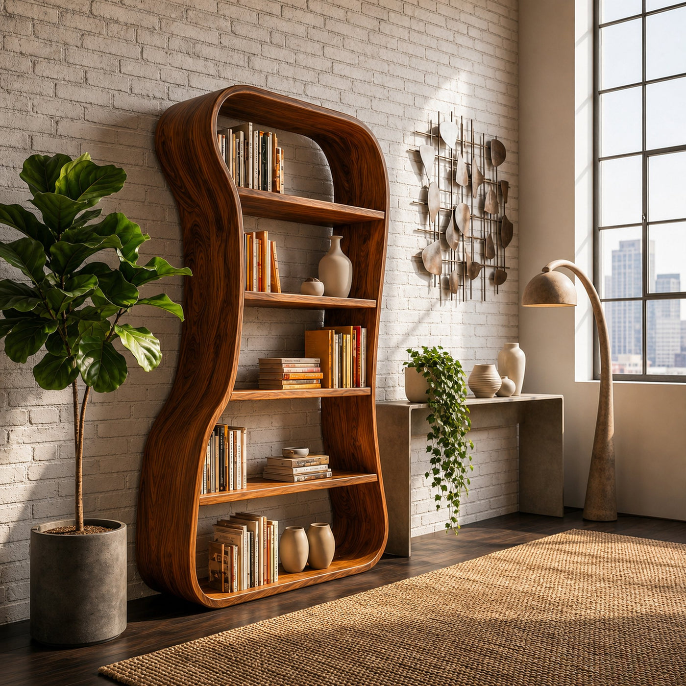 Organic Bookshelf With Sculptural Curved Solid Wood Shelves For Living Room - product view 6