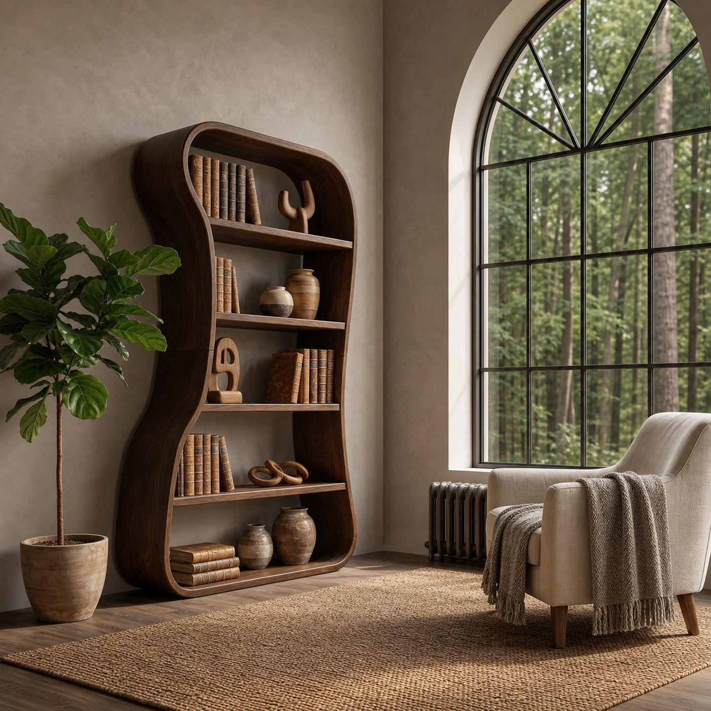 Organic Bookshelf With Sculptural Curved Solid Wood Shelves For Living Room - product view 7