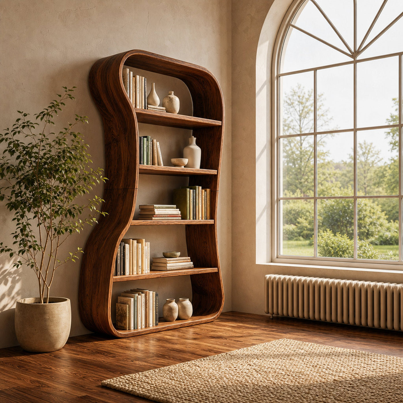 Organic Bookshelf With Sculptural Curved Solid Wood Shelves For Living Room - product view 8