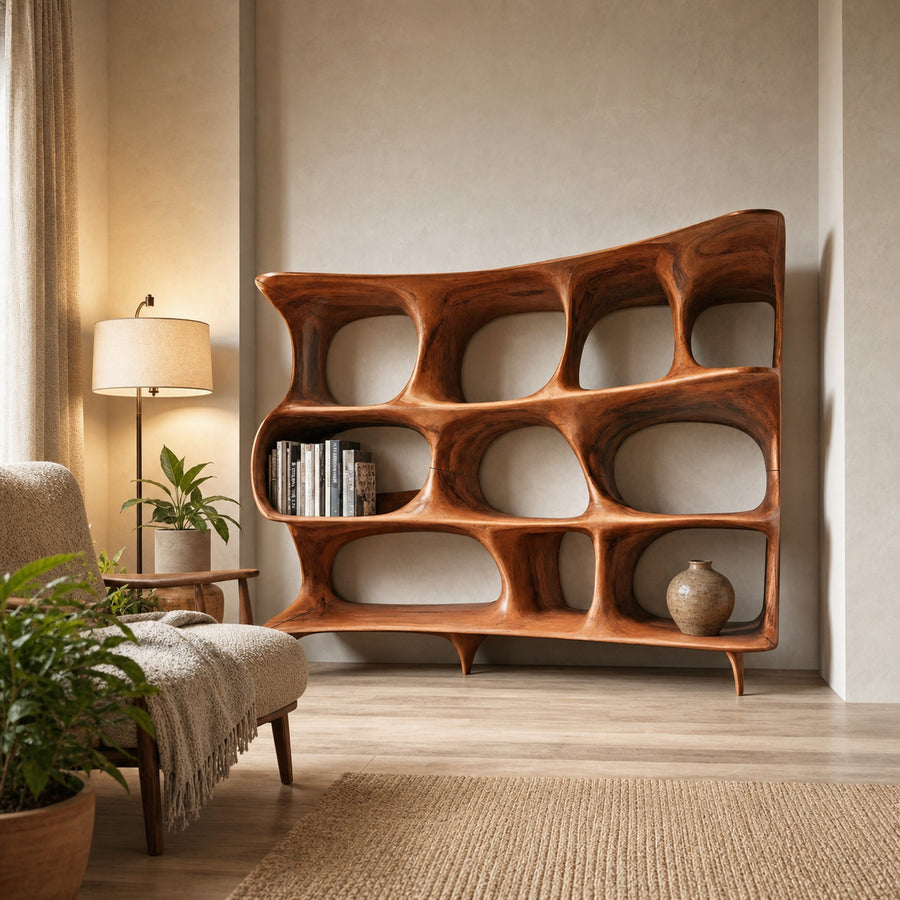 Organic Carved Bookshelf For Living Room Or Office Storage