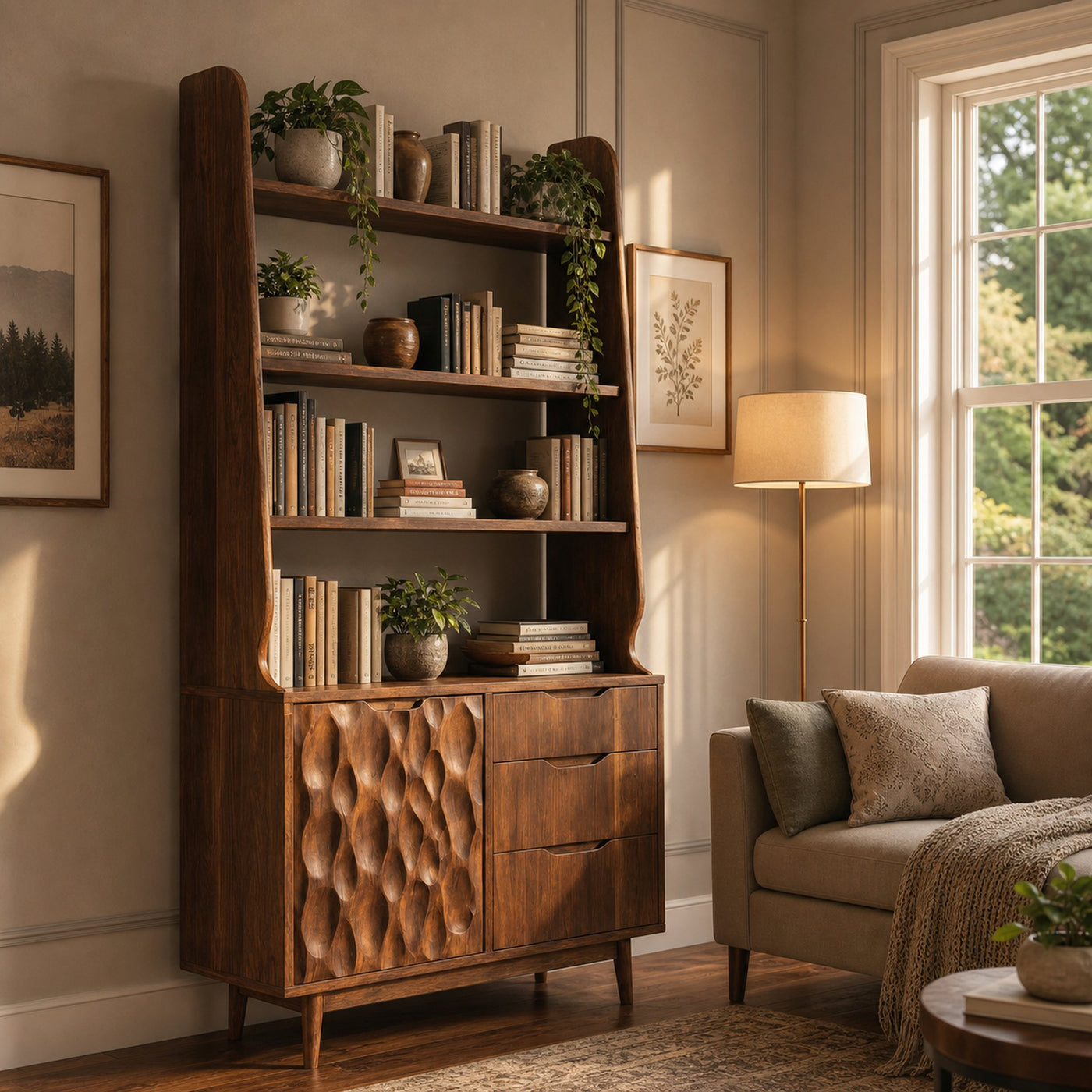 Organic Carved Solid Wood Display Cabinet Bookshelf - product view 6