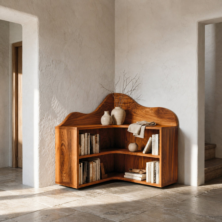 Organic Corner Bookshelf With Sculptural Curved Shelves And Open Storage For Living Room And Bedroom
