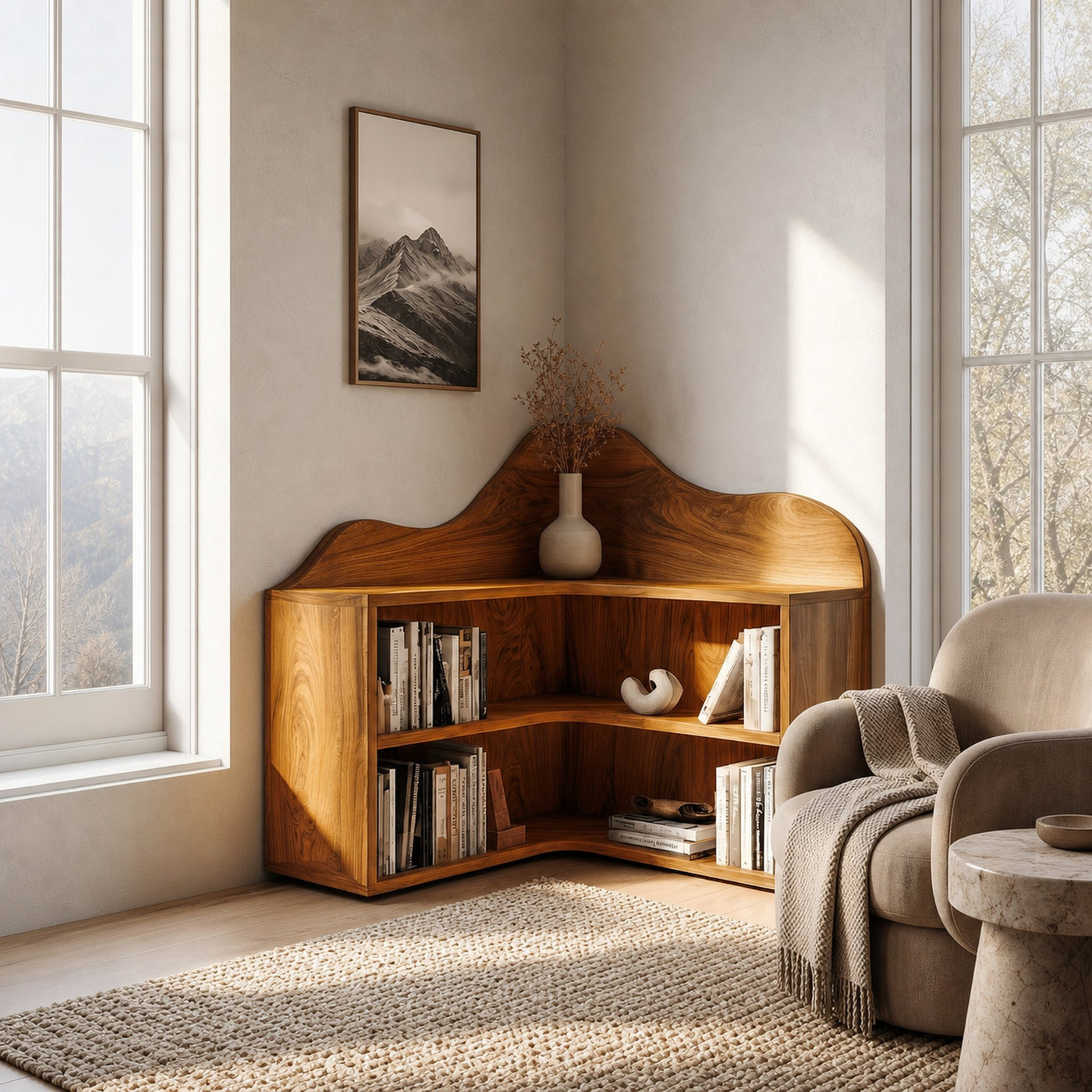 Organic Corner Bookshelf With Sculptural Curved Shelves And Open Storage For Living Room And Bedroom - product view 6