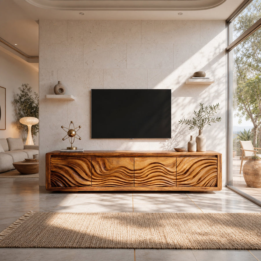 Organic Curved Media Console For Mediterranean Boho Interior