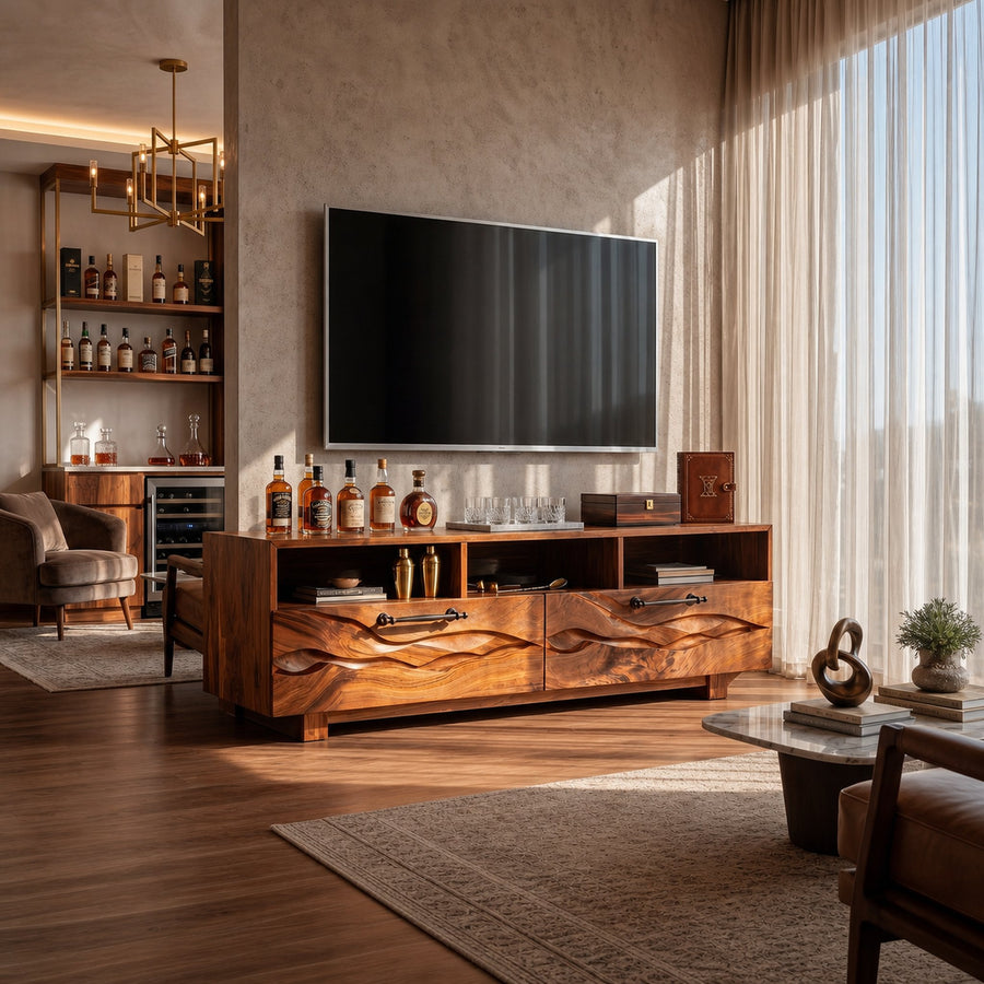 Organic Curved TV Cabinet For Modern Lake House Interior