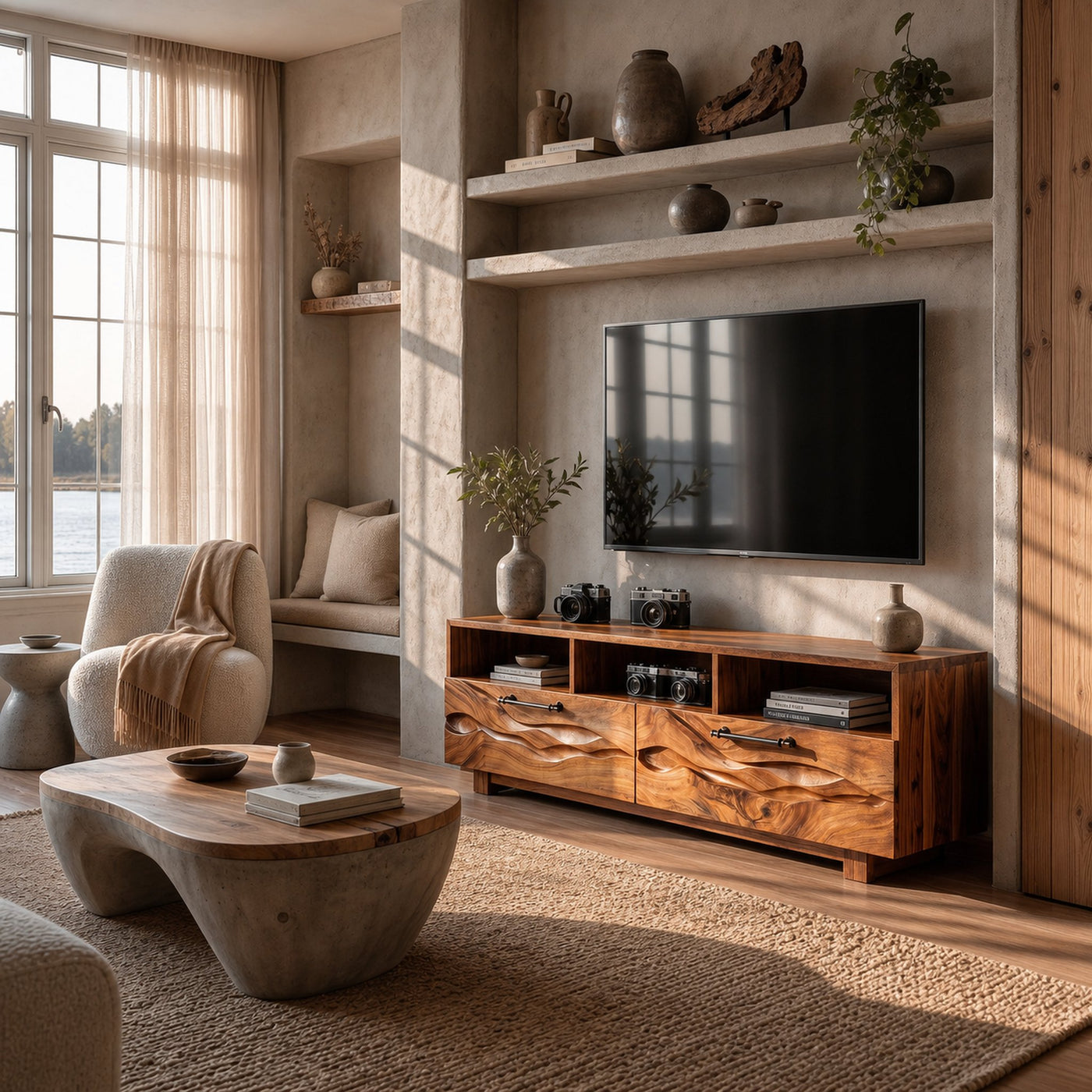 Organic Curved TV Cabinet For Modern Lake House Interior - product view 6