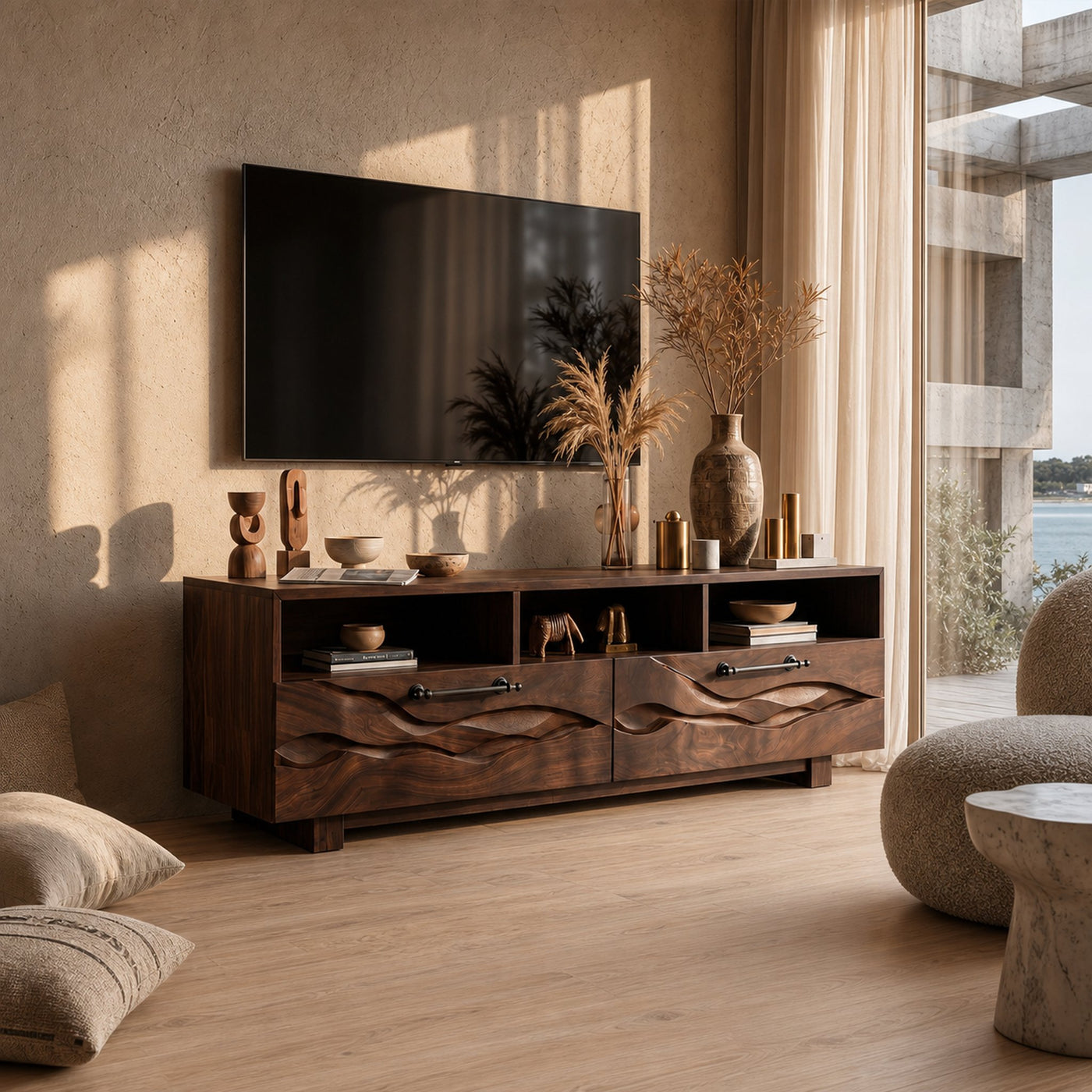 Organic Curved TV Cabinet For Modern Lake House Interior - product view 7
