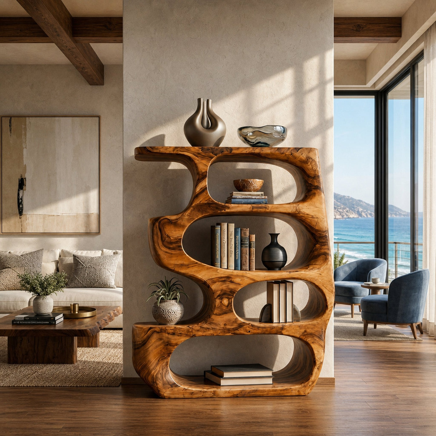 Organic Curved Wooden Bookshelf For Books Decor And Home Organization