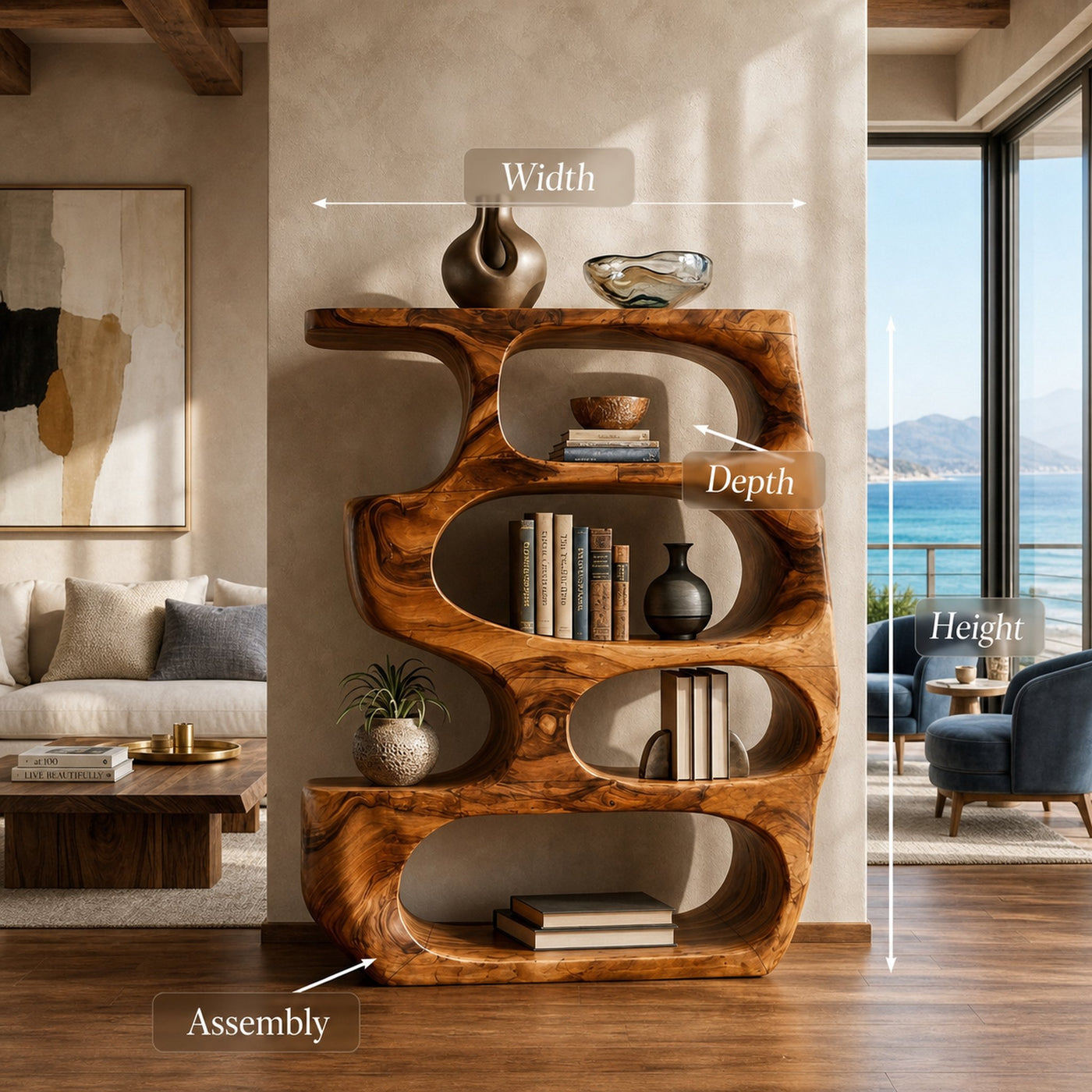Organic Curved Wooden Bookshelf For Books Decor And Home Organization - product view 8