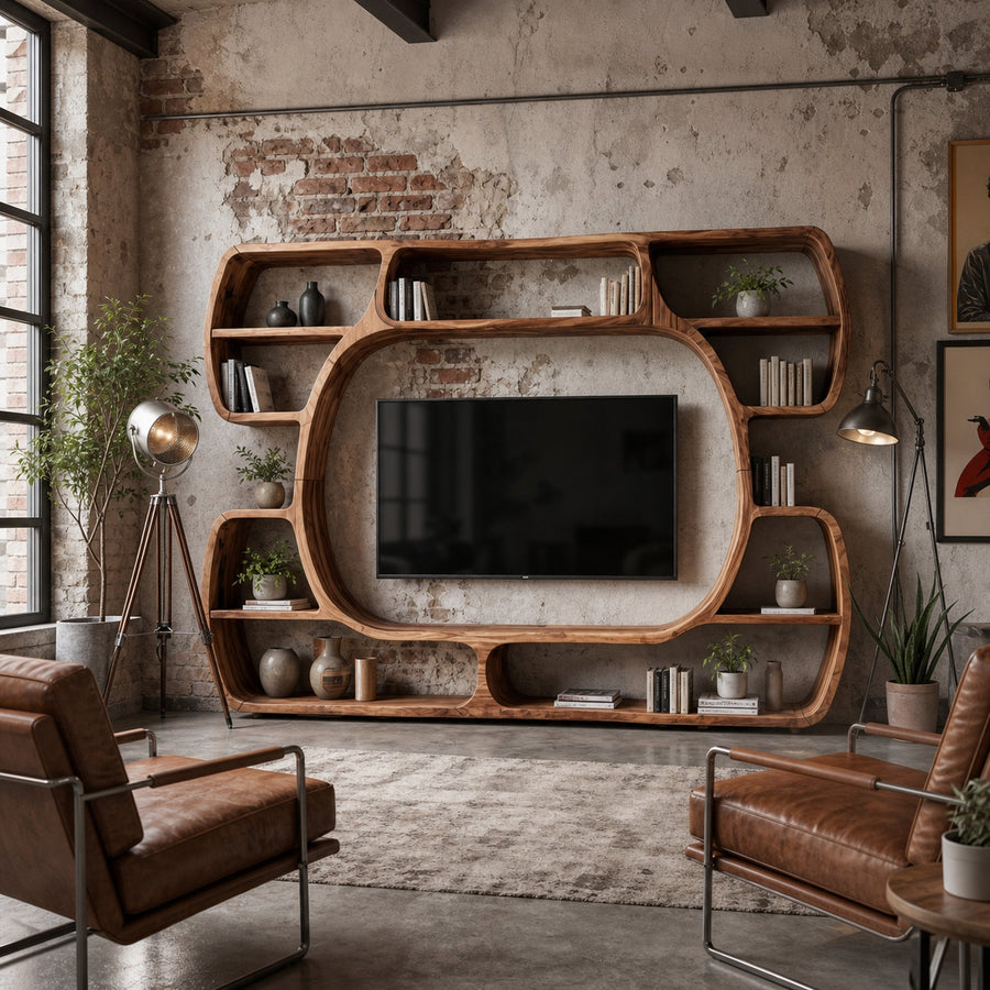 Organic Entertainment Center With Sculptural Surround Shelves For Living Room