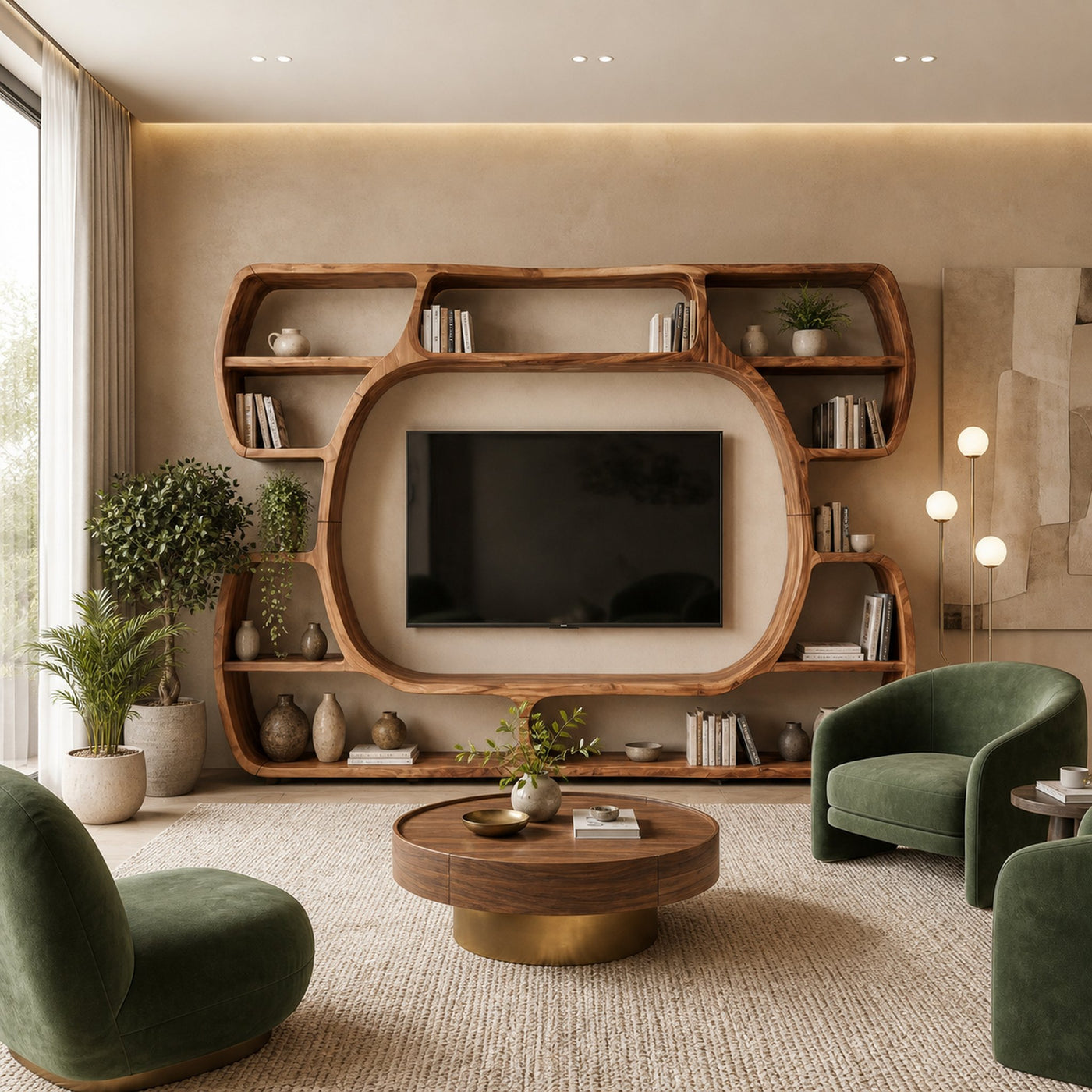 Organic Entertainment Center With Sculptural Surround Shelves For Living Room - product view 6
