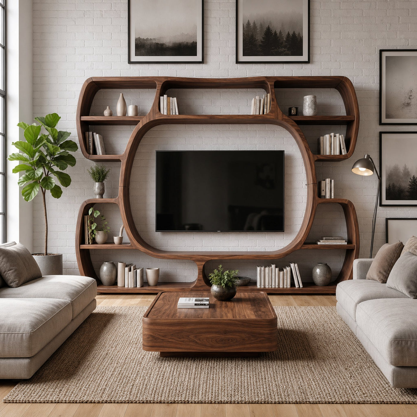 Organic Entertainment Center With Sculptural Surround Shelves For Living Room - product view 7