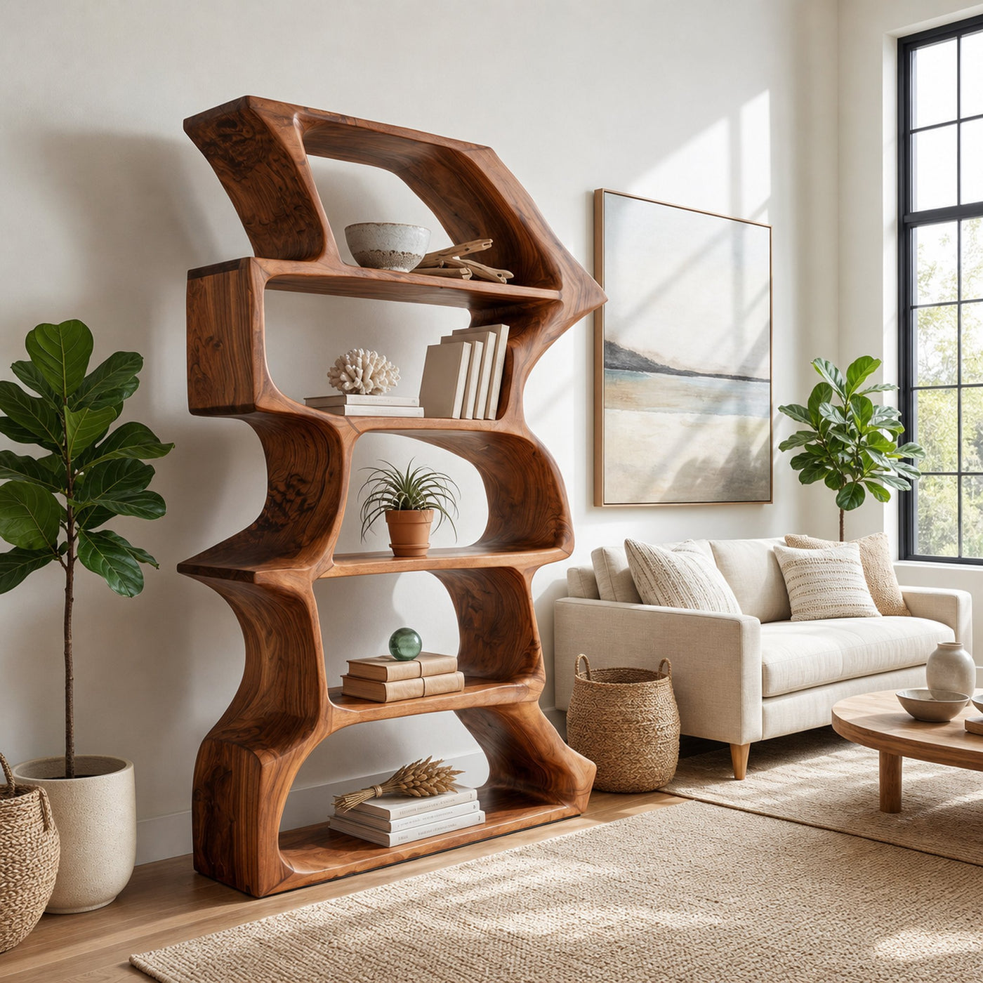 Organic Farmhouse Wooden Curved Bookshelf For Living Room