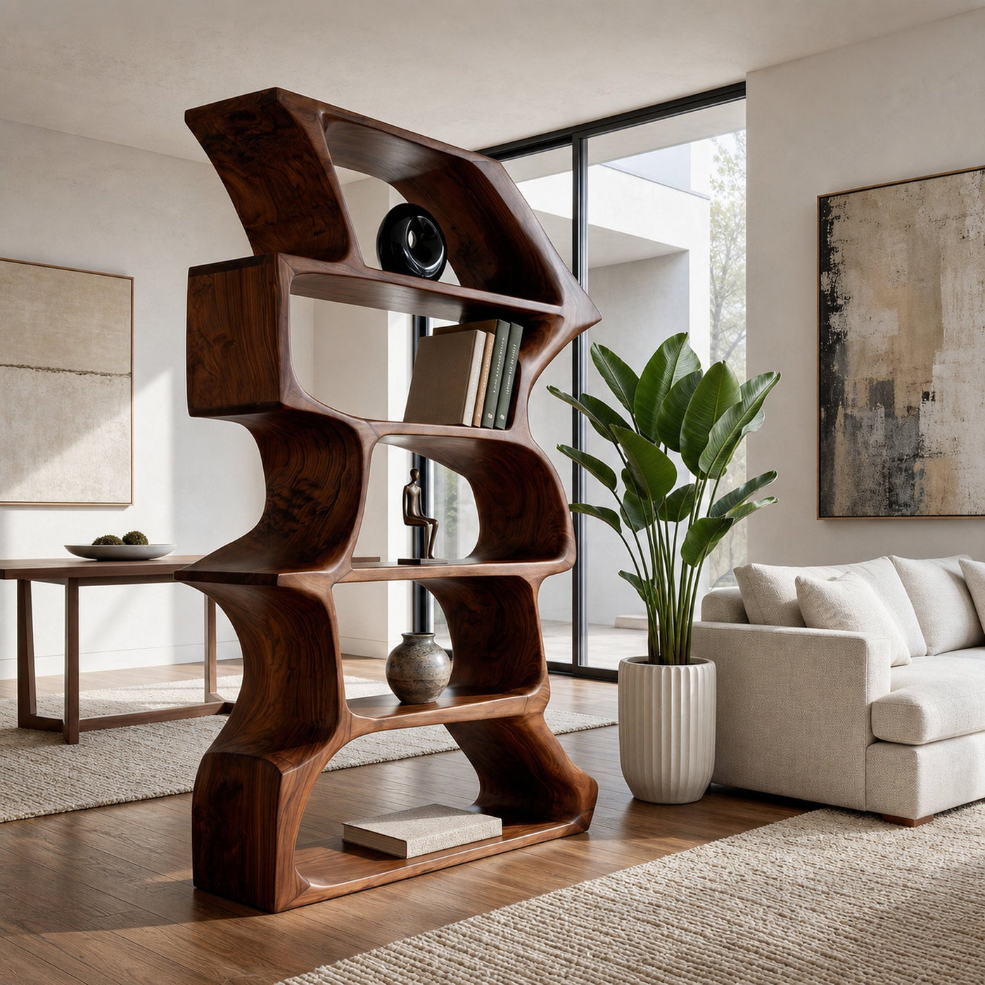 Organic Farmhouse Wooden Curved Bookshelf For Living Room - product view 6