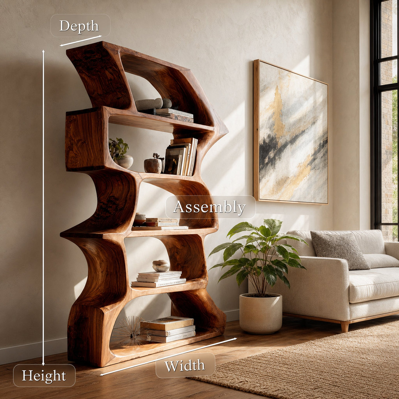 Organic Farmhouse Wooden Curved Bookshelf For Living Room - product view 8