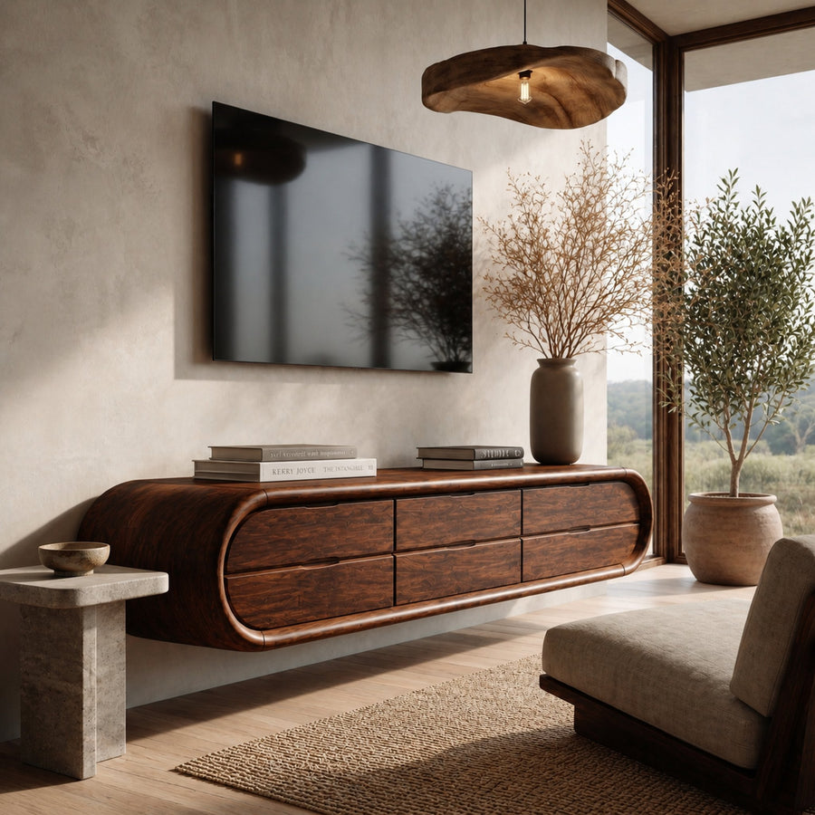 Organic Floating TV Cabinet With Sculptural Curved Wood Frame For Living Room