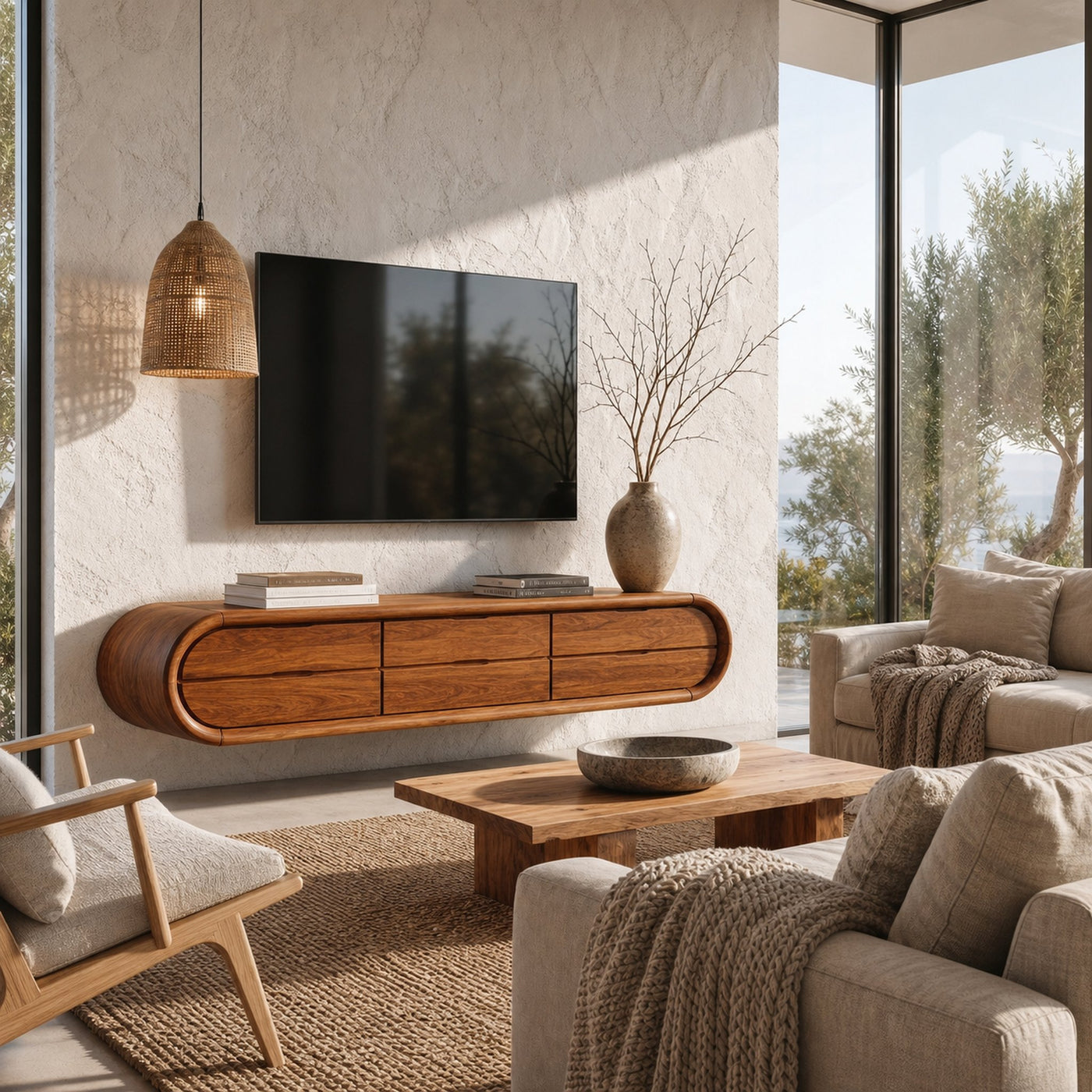 Organic Floating TV Cabinet With Sculptural Curved Wood Frame For Living Room - product view 6