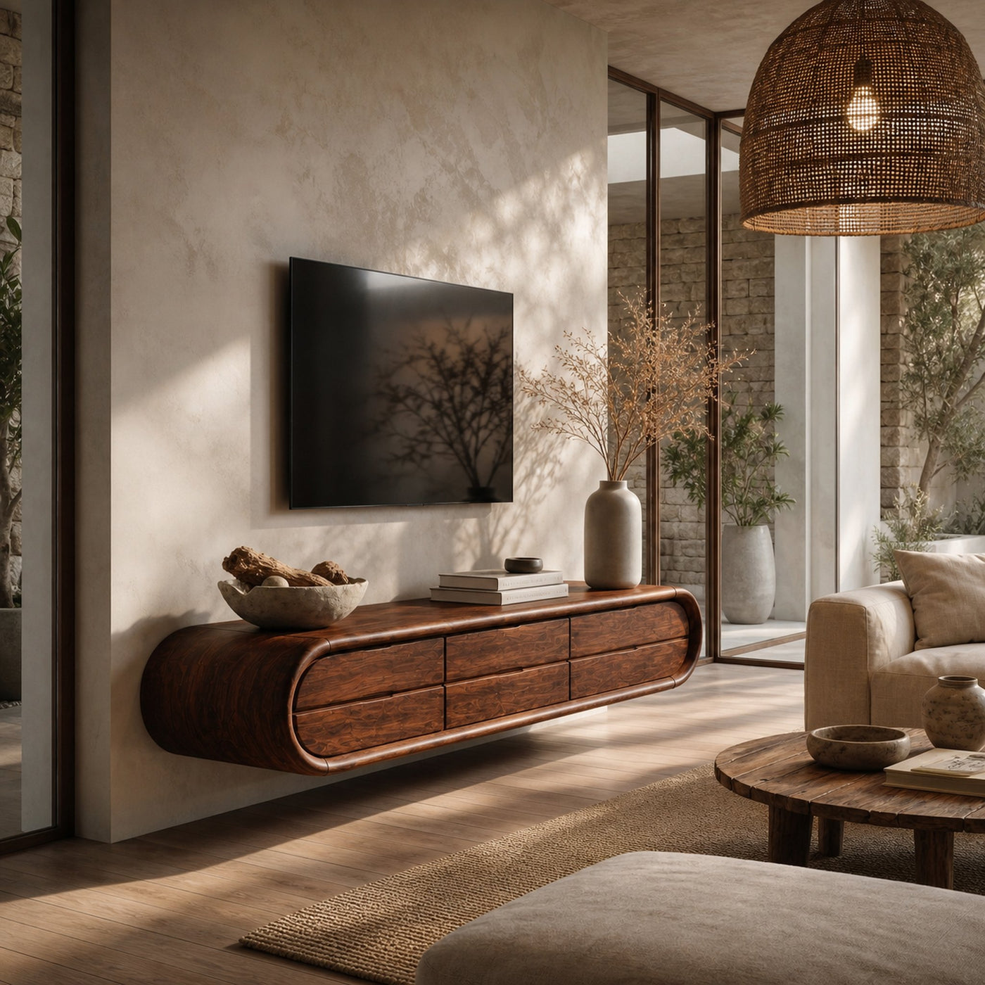 Organic Floating TV Cabinet With Sculptural Curved Wood Frame For Living Room - product view 7