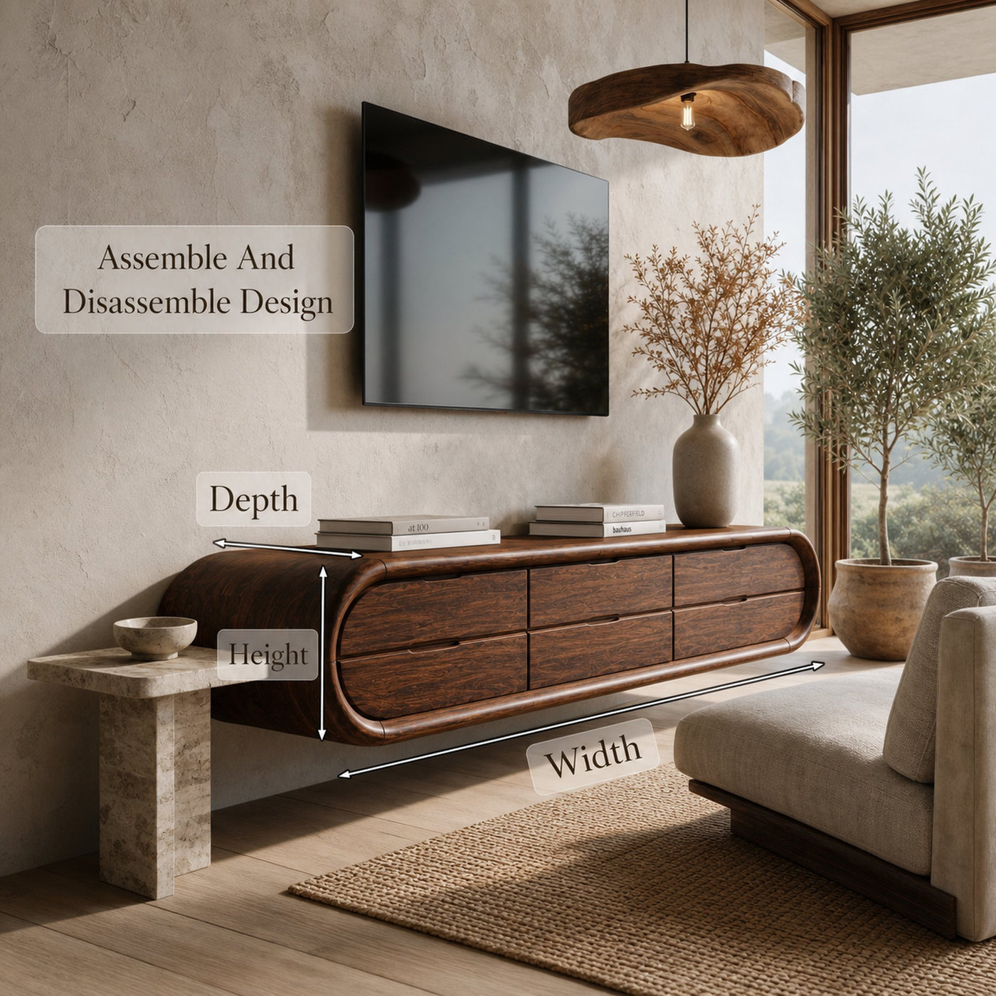 Organic Floating TV Cabinet With Sculptural Curved Wood Frame For Living Room - product view 8