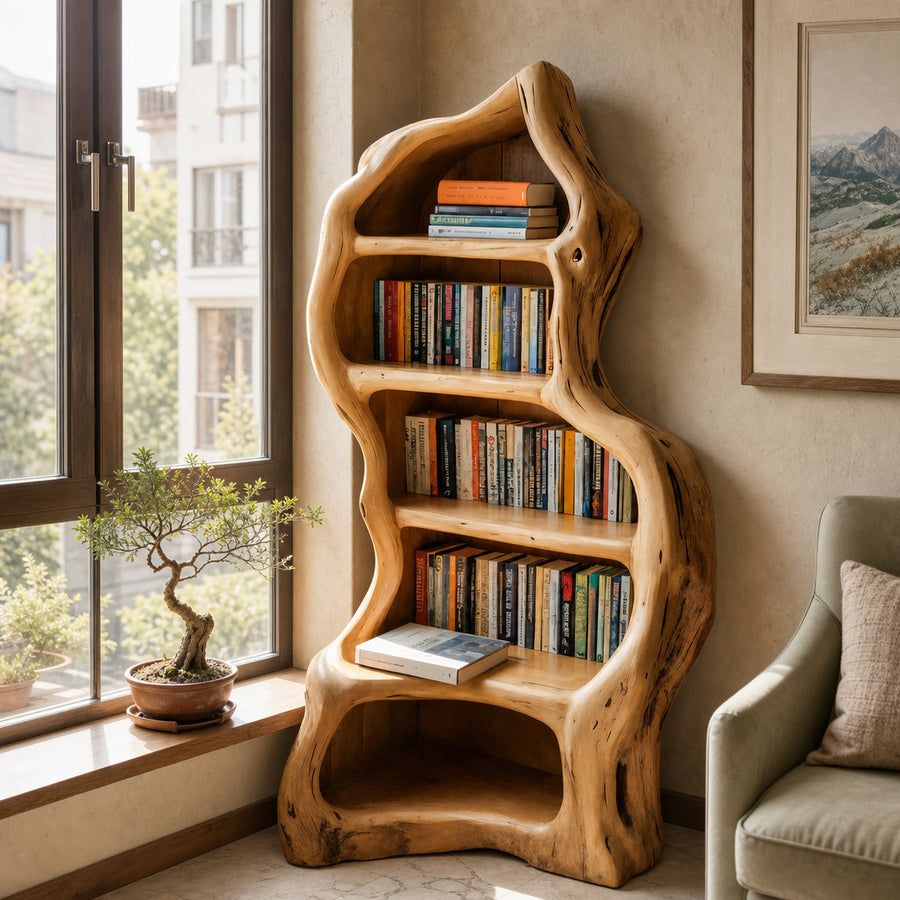 Organic Live Edge Bookshelf For Rustic Living Room Or Office