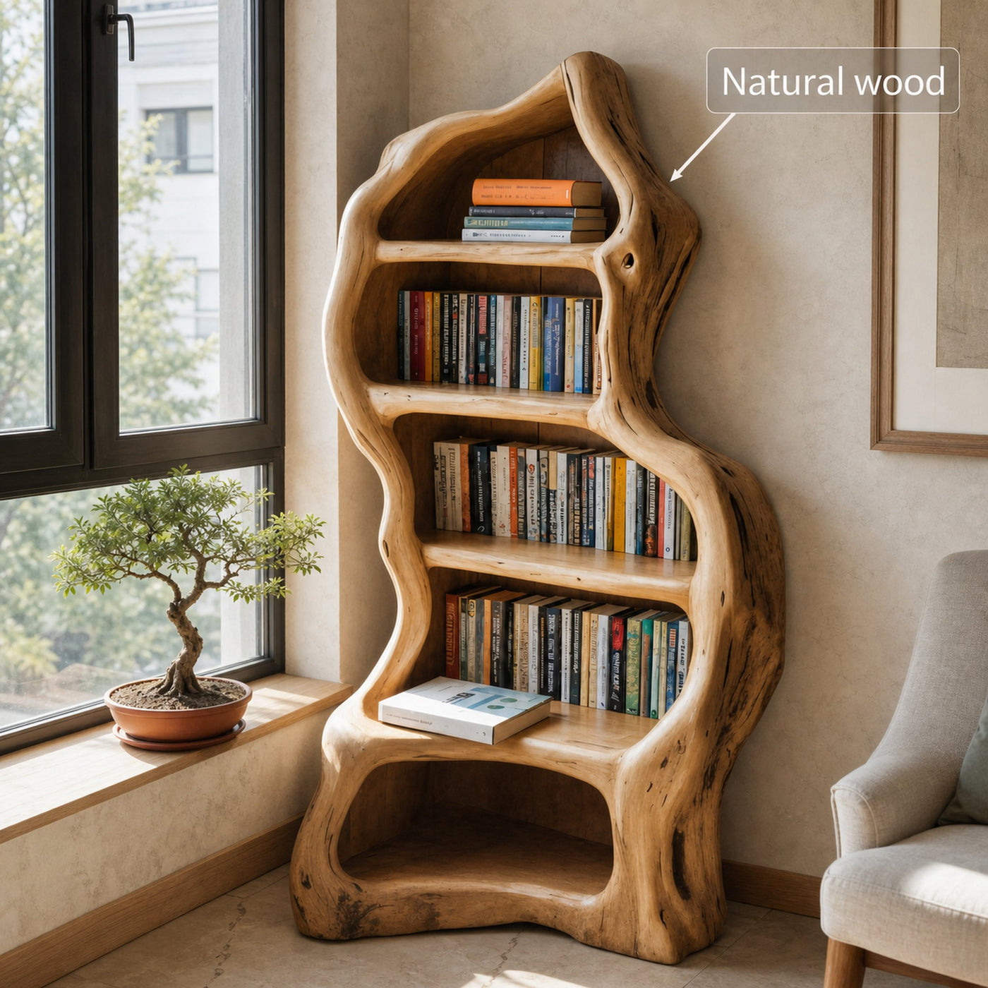 Organic Live Edge Bookshelf For Rustic Living Room Or Office - product view 6