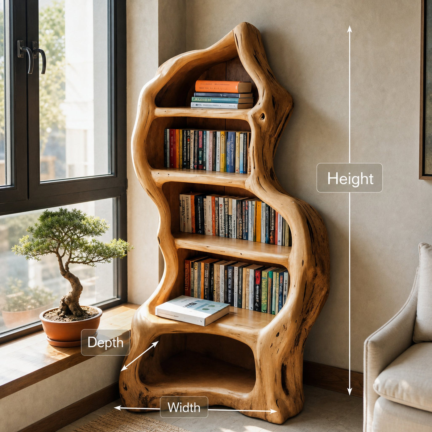 Organic Live Edge Bookshelf For Rustic Living Room Or Office - product view 8