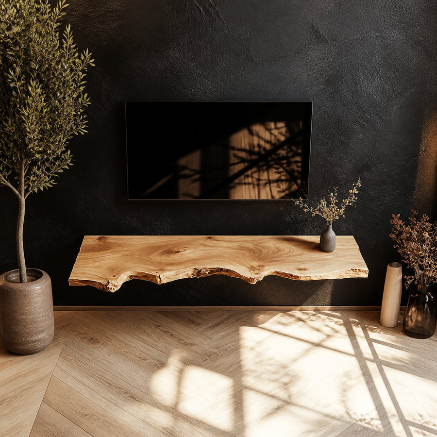 Organic Live Edge Solid Wood TV Shelf Floating Media Console Interior