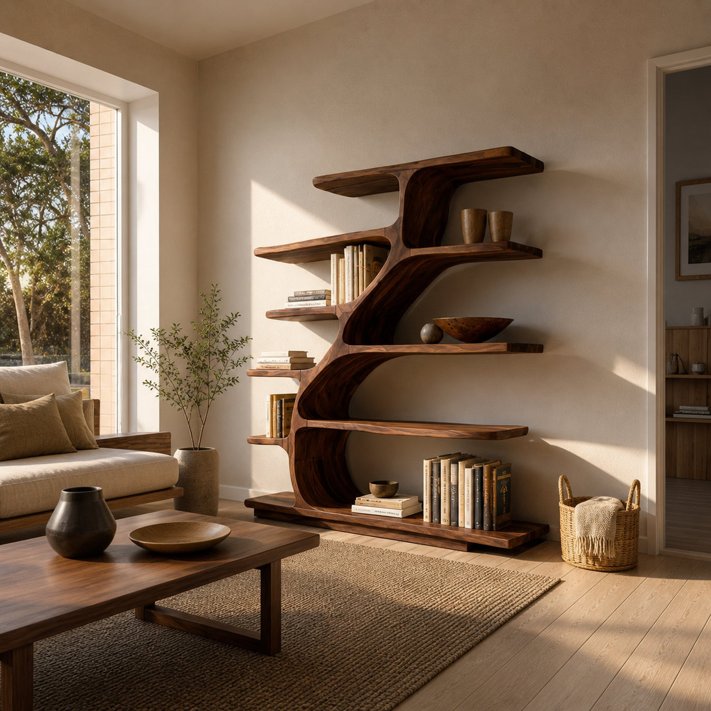 Organic Modern Bookshelf With Flowing Curves For Home Decor - product view 7