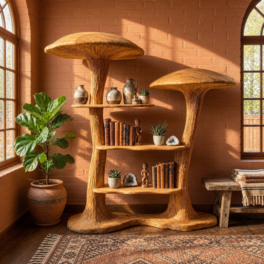 Organic Modern Mushroom Bookcase With Sculptural Solid Wood Form For Living Room