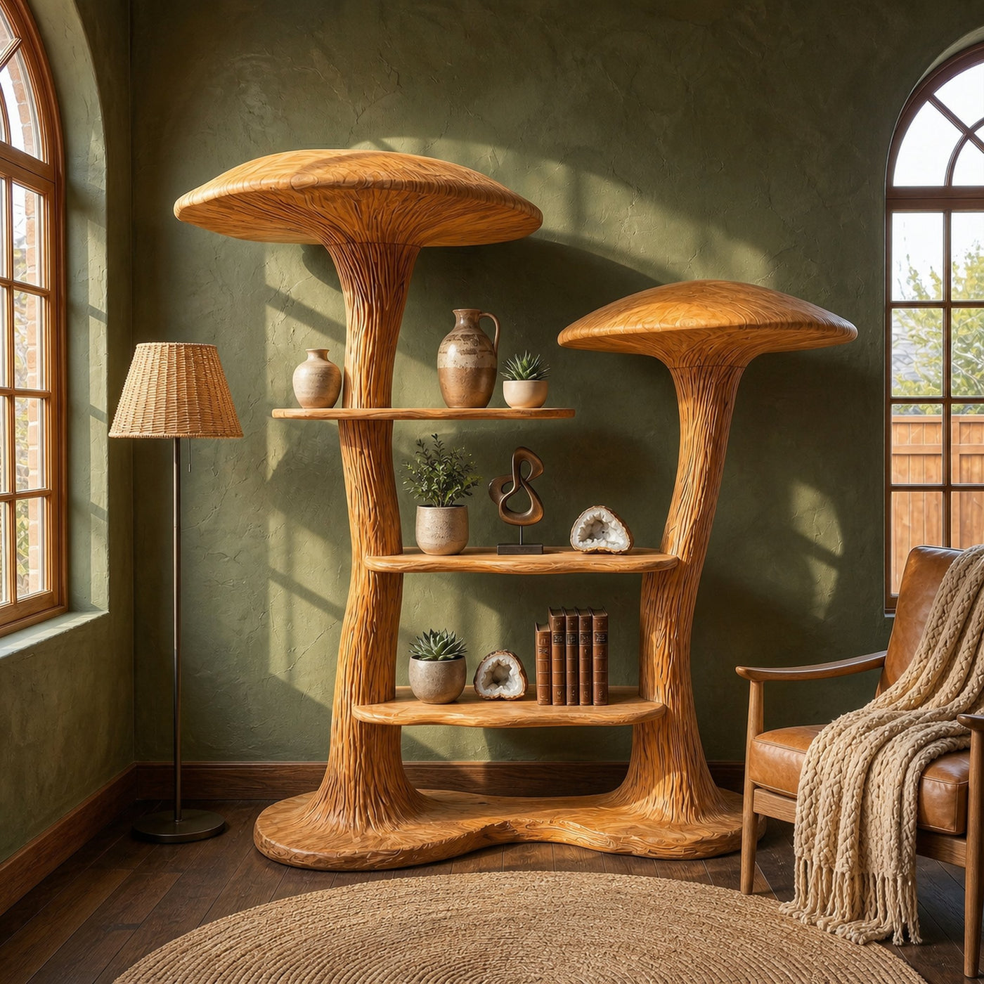 Organic Modern Mushroom Bookcase With Sculptural Solid Wood Form For Living Room - product view 6