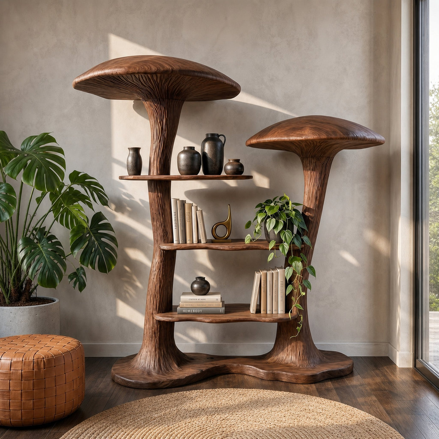 Organic Modern Mushroom Bookcase With Sculptural Solid Wood Form For Living Room - product view 7