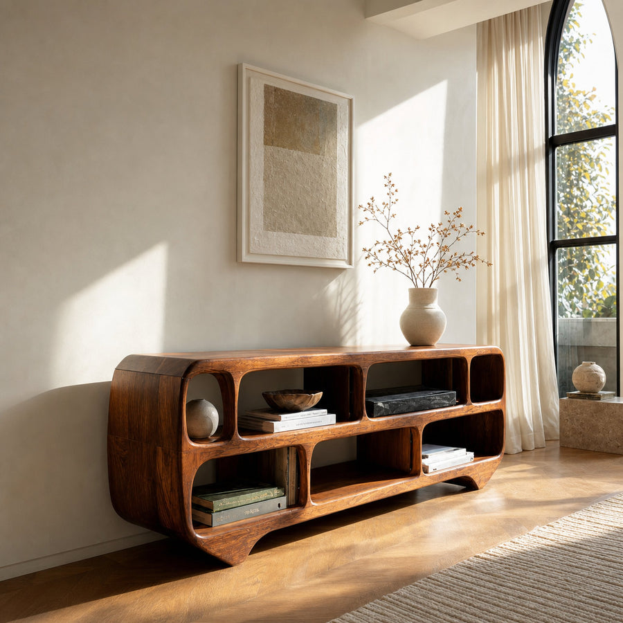 Organic Modern Rounded Low Bookshelf For Living Room