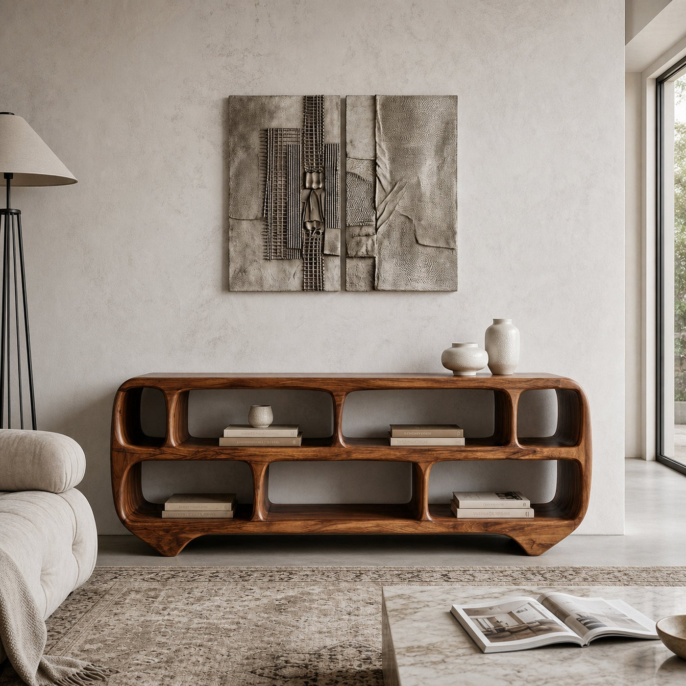 Organic Modern Rounded Low Bookshelf For Living Room - product view 2
