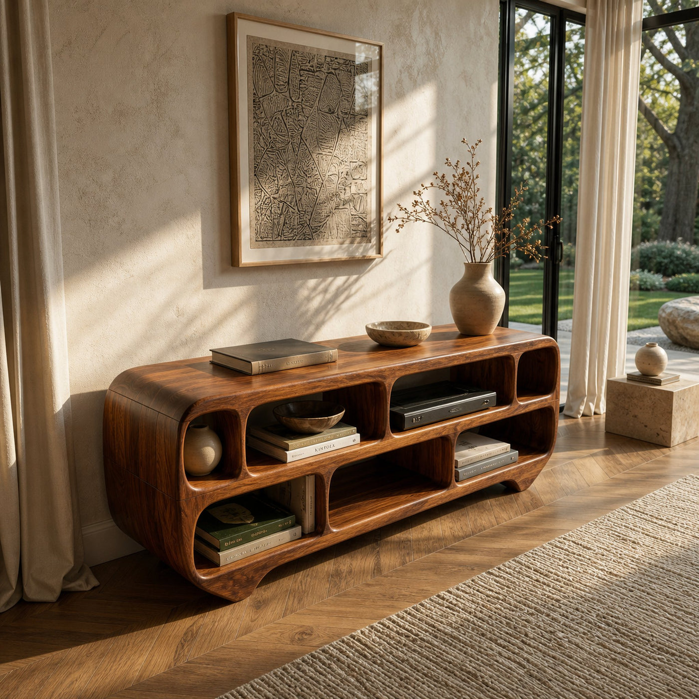 Organic Modern Rounded Low Bookshelf For Living Room - product view 3