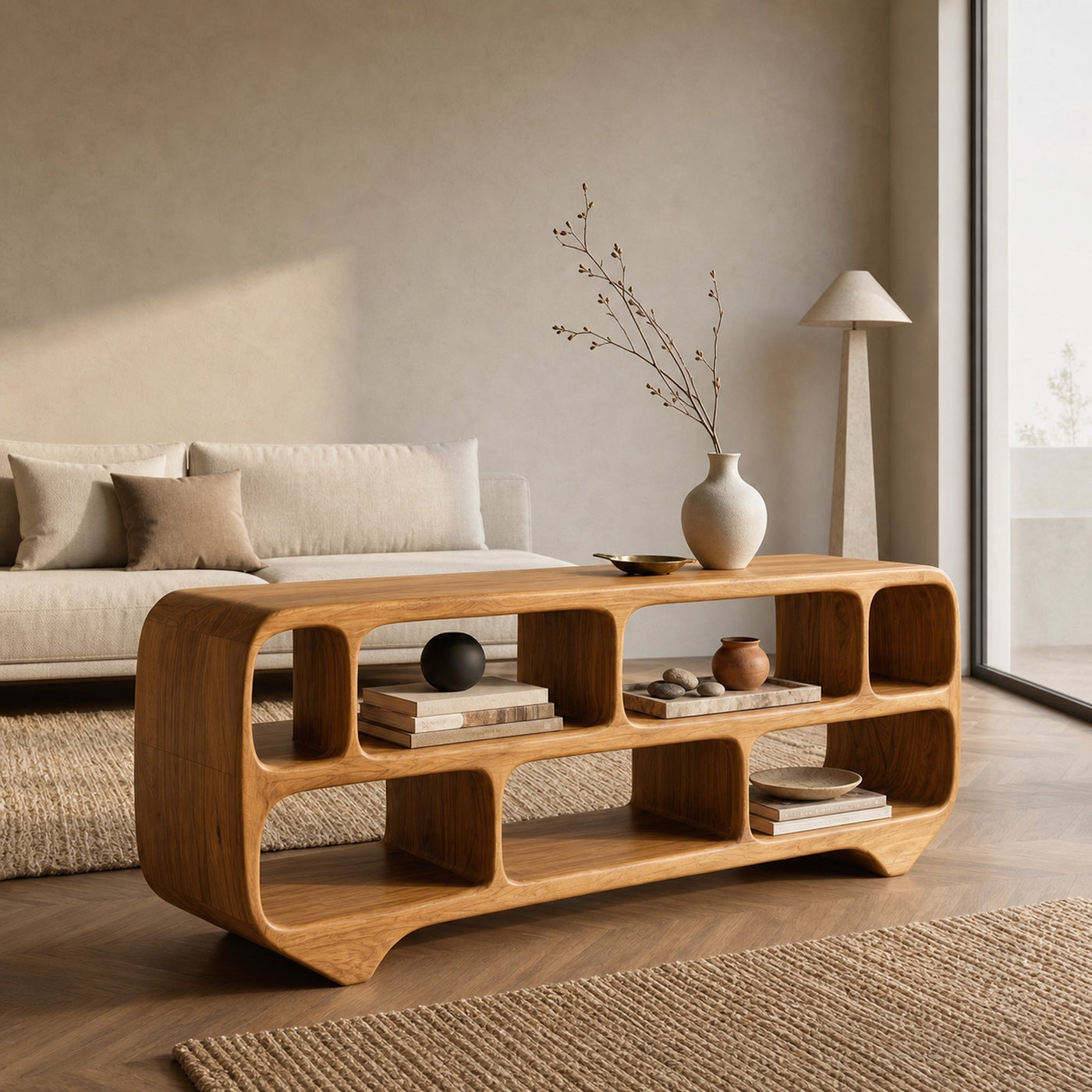 Organic Modern Rounded Low Bookshelf For Living Room - product view 5