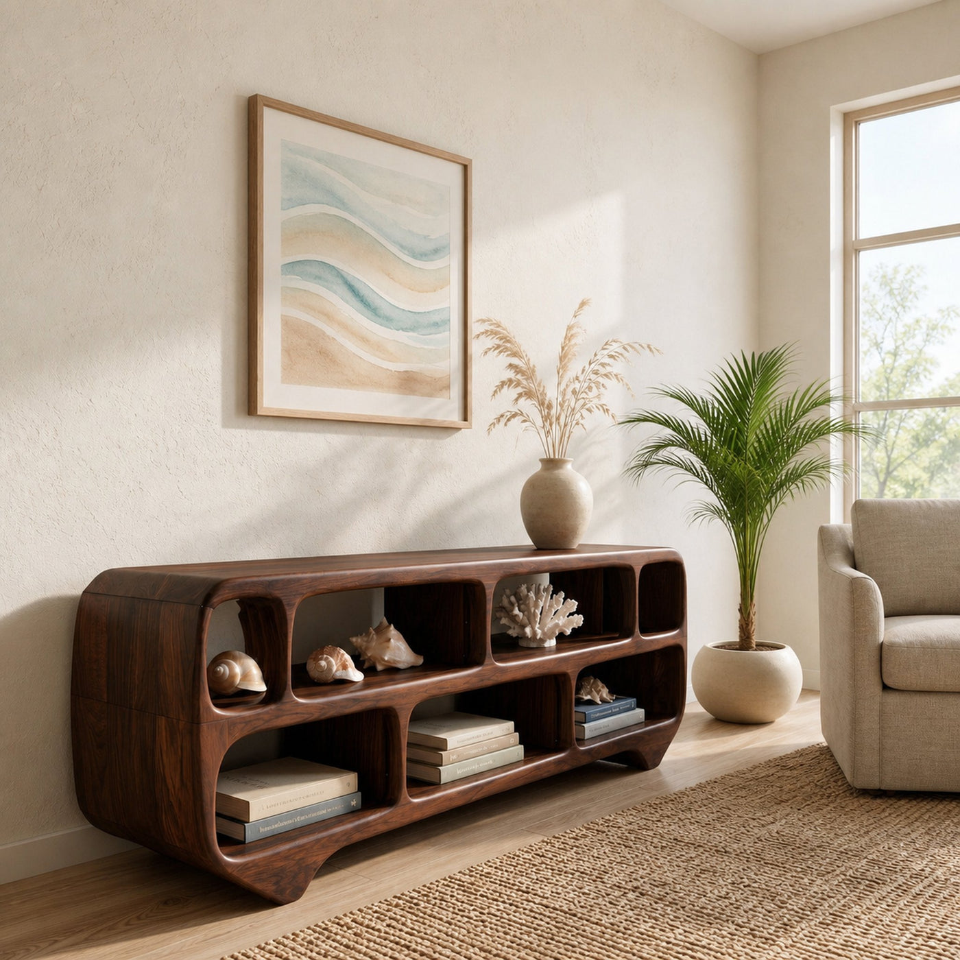Organic Modern Rounded Low Bookshelf For Living Room - product view 7