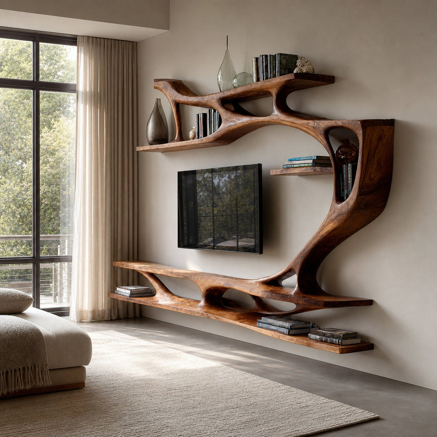 Organic Modern Sculptural Wall TV Shelf For Living Room