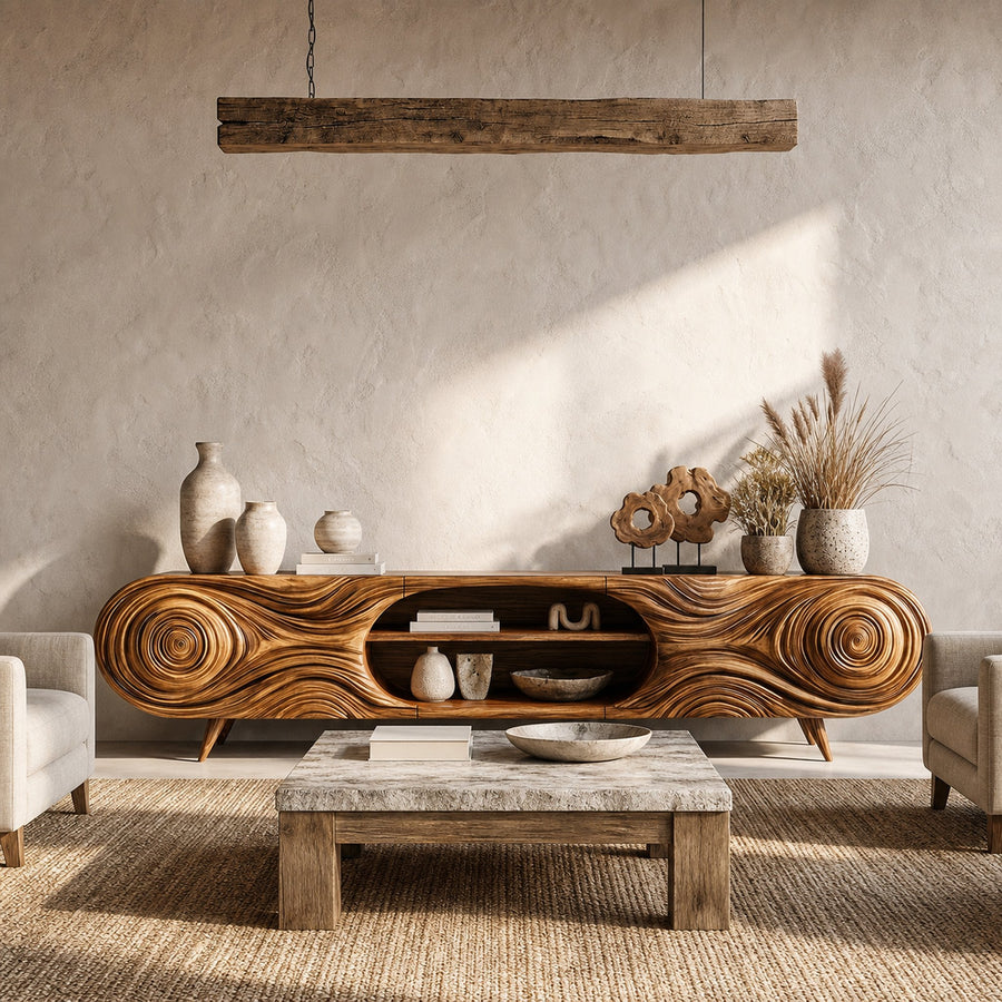 Organic Modern TV Cabinet Sculptural Wood Grain Design For Living Room