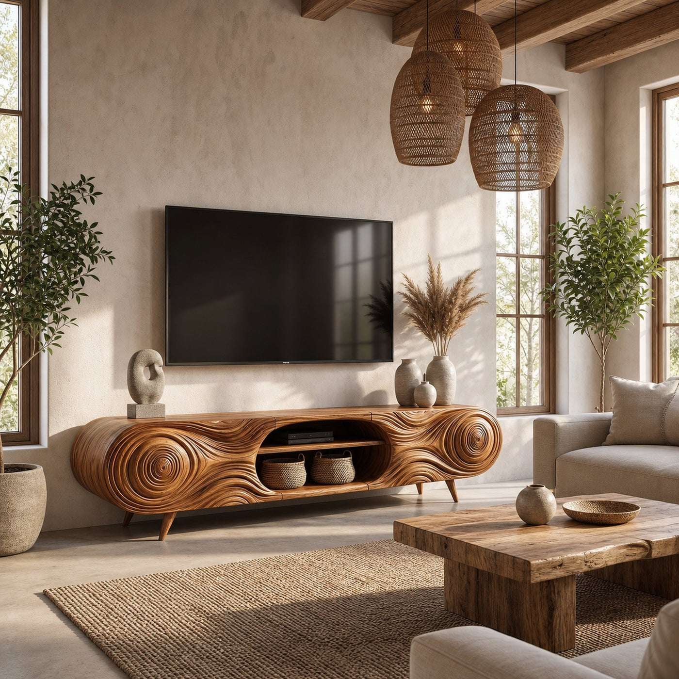 Organic Modern TV Cabinet Sculptural Wood Grain Design For Living Room - product view 6
