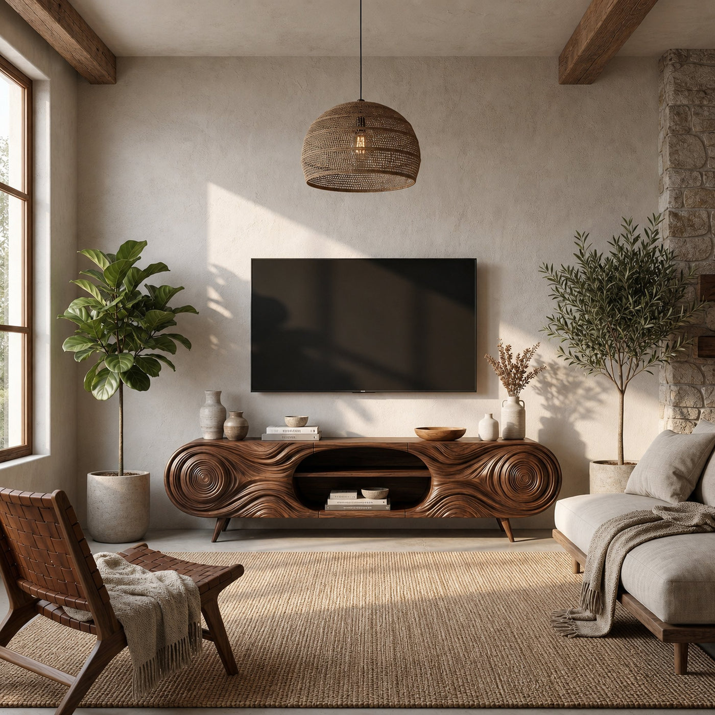 Organic Modern TV Cabinet Sculptural Wood Grain Design For Living Room - product view 7